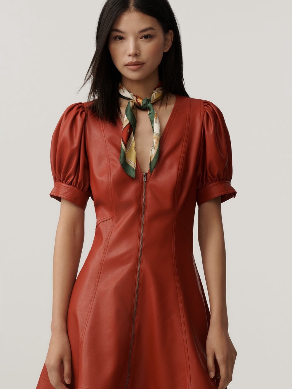 Anthropologie Rust Leather Zip-Front Puff-Sleeve Dress Jacket